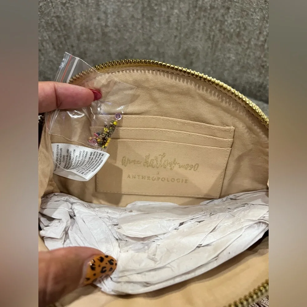 Anthropologie Beige Embellished Tassel Key & Card Holder